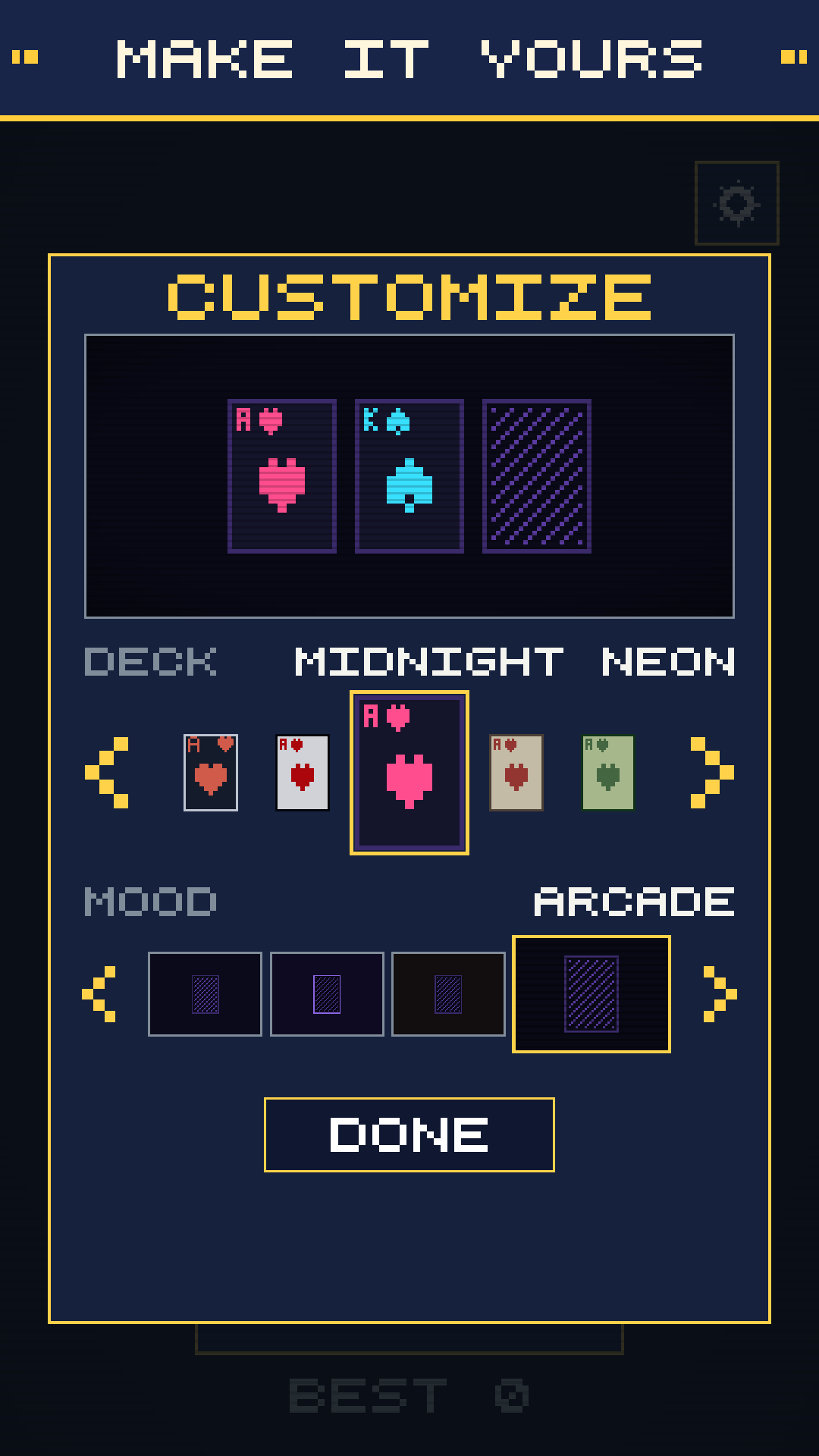 The Customize screen showing deck and mood choices