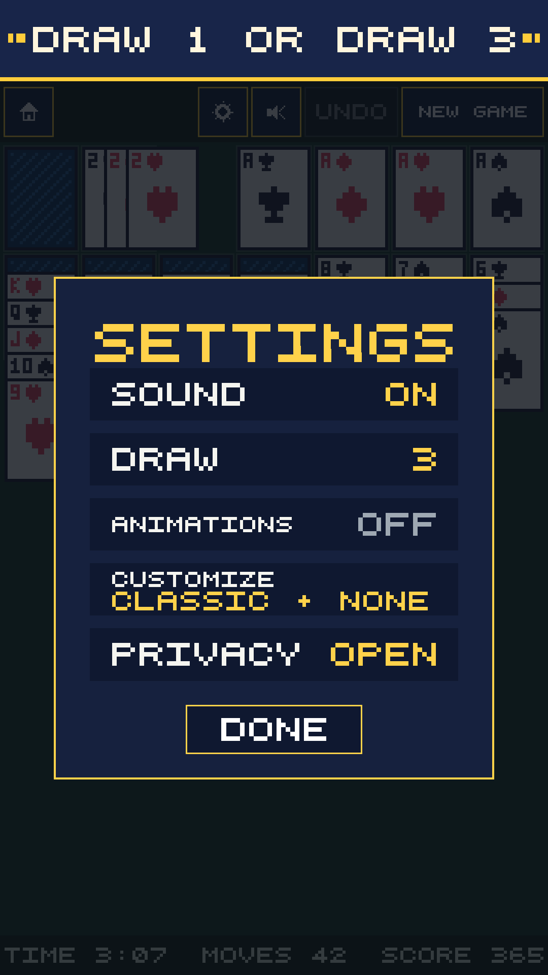 The real Settings screen with Draw 3 selected