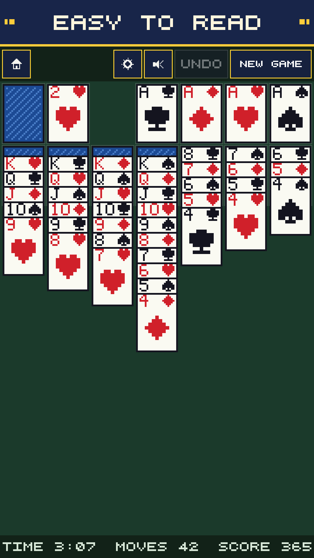 A Klondike board using the free Big Print accessibility deck