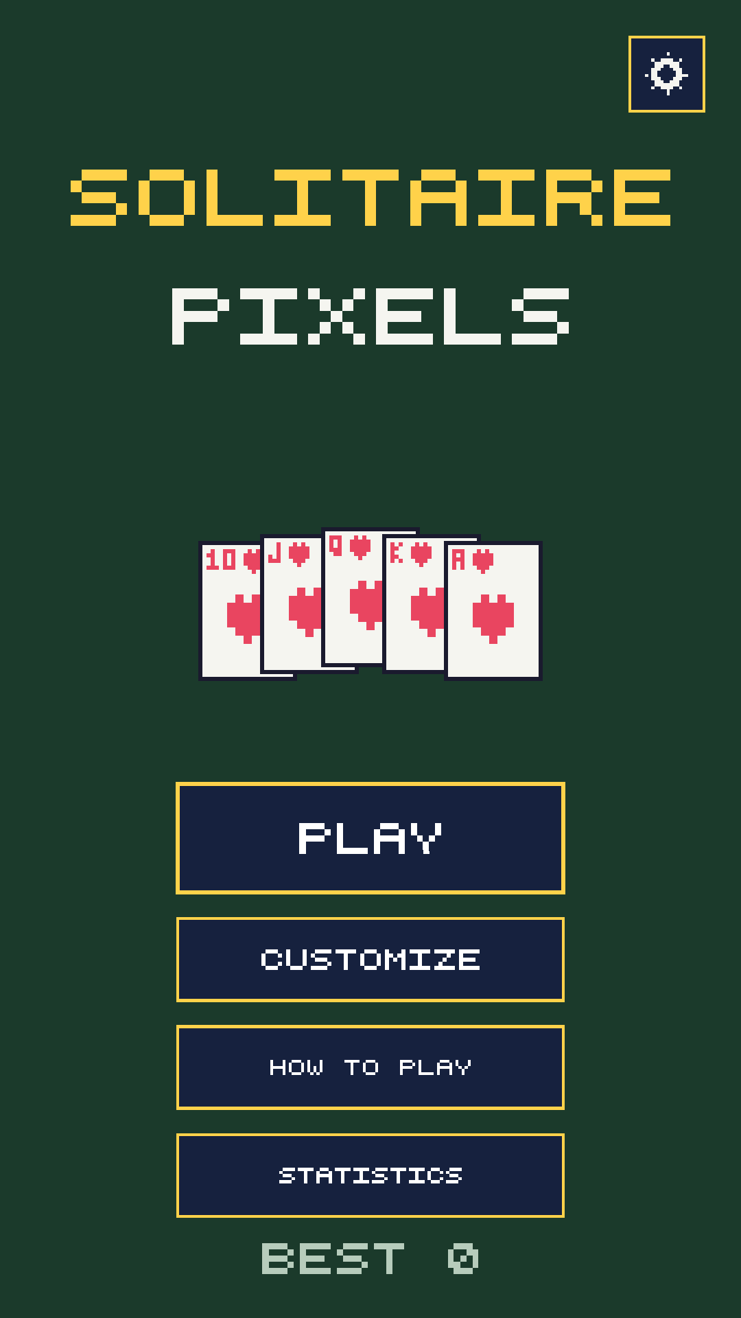 Solitaire Pixels main menu with a fan of pixel-art playing cards