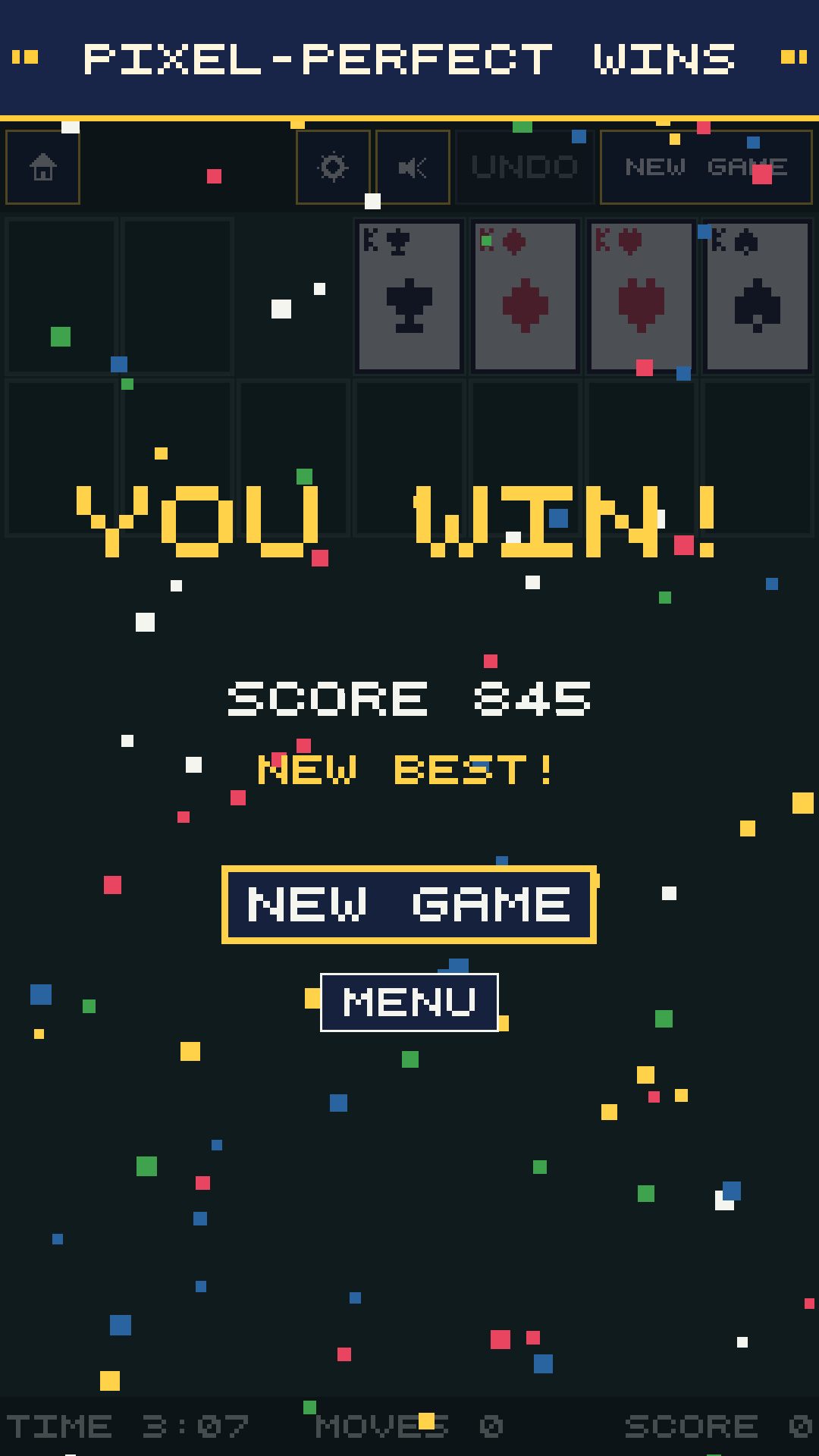 Solitaire Pixels win screen with pixel confetti